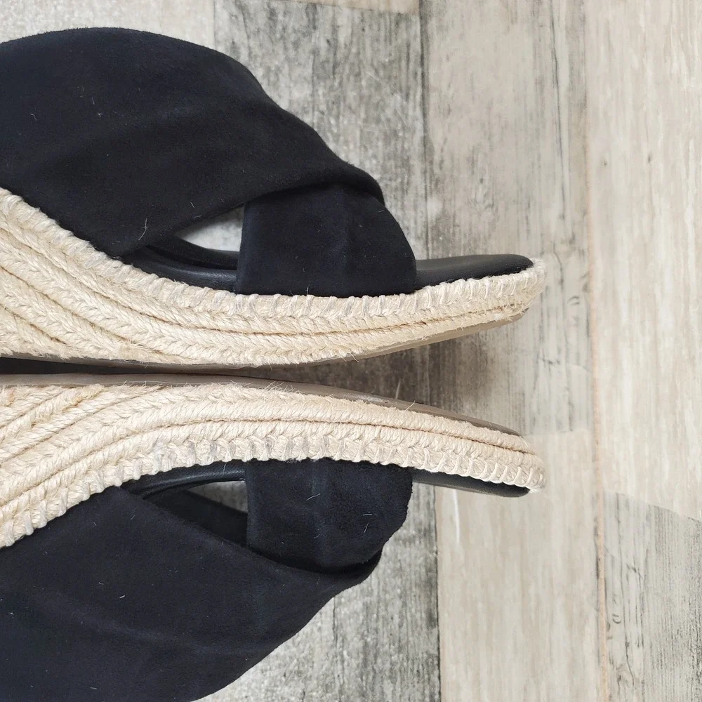 SoftWalk Hastings Womens Wedge Sandals Sz 10.5 W‎ Black Suede Slip On Square Toe